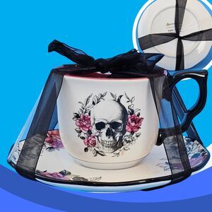 Skull & Roses Teacup & Saucer Pink Unique Halloween Gothic Dishware Park Chateau